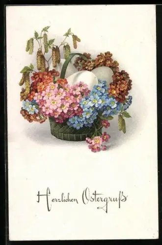 Künstler-AK Meissner & Buch (M&B) Nr. 2451: Osterkorb mit bunten Vergissmeinnicht