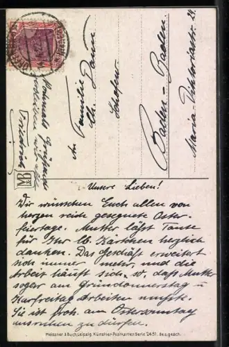 Künstler-AK Meissner & Buch (M&B) Nr. 2451: Osterkorb mit bunten Vergissmeinnicht