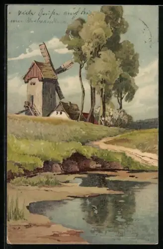 Künstler-AK Meissner & Buch (M&B): Ortsansicht mit Mühle