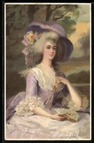 Künstler-AK Elegante Dame in violettem Kleid mit Fächer, Jugendstil