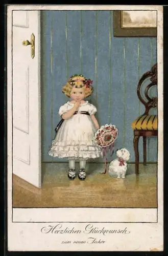 Künstler-AK Meissner & Buch (M&B) Nr. 2471: Mädchen mit Blumenstrauss, Neujahrsgruss