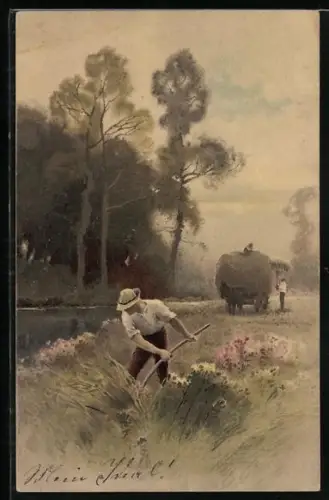 Künstler-AK Meissner & Buch (M&B) Serie 1354: Bauern bei der Mahd