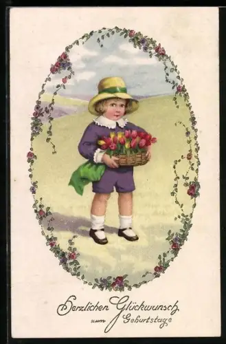 Künstler-AK Meissner & Buch (M&B) Nr.: 2366, Kind mit Hut und Tulpenkorb