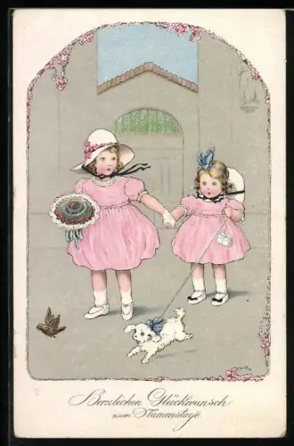 Künstler-AK Meissner & Buch (M&B) Nr. 2396: Zwei kleine Gratulantinnen mit Hund, Namenstagsgruss