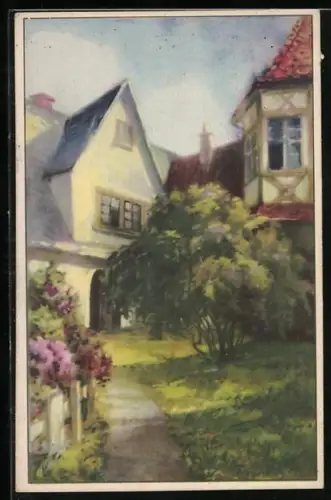 Künstler-AK Meissner & Buch (M&B) Nr. 2477: Partie im Garten vor dem Haus