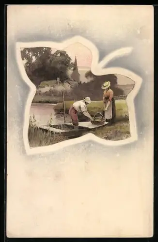 Künstler-AK Meissner & Buch (M&B) Nr. 1569: Mann und Frau mit einem Boot, Blatt