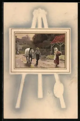 Künstler-AK Meissner & Buch (M&B) Nr. 1636: Stille Tage, Dorfszene, Staffelei-Passepartout