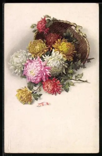 Künstler-AK Meissner & Buch (M&B) Nr. 2529: Umgekippter Korb mit Dahlien
