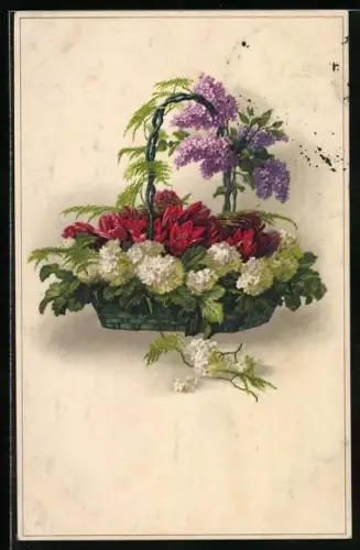 Künstler-AK Meissner & Buch (M&B) Nr. 2261: Korb mit Tulpen und Flieder