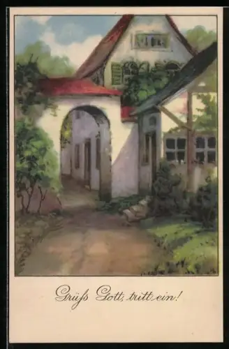 Künstler-AK Meissner & Buch (M&B) Nr.2399: Grüss Gott, tritt ein!, Eingang zum Haus