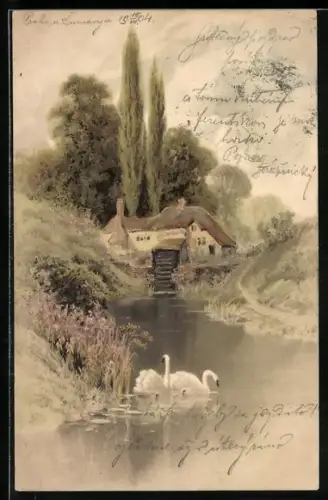 Künstler-AK Meissner & Buch (M&B) Nr.1189: Am Weiher, Blick zum Haus, Schwäne