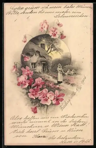 Künstler-AK Meissner & Buch (M&B) Nr. 1371: Mädchen vor einem Haus, Blumen