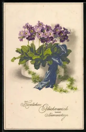 Künstler-AK Meissner & Buch (M&B) Nr.2259: Veilchen in einem Blumentopf, Blaue Schleife