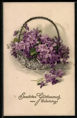 AK Veilchen in einem Korb, Glückwunsch zum Geburtstag