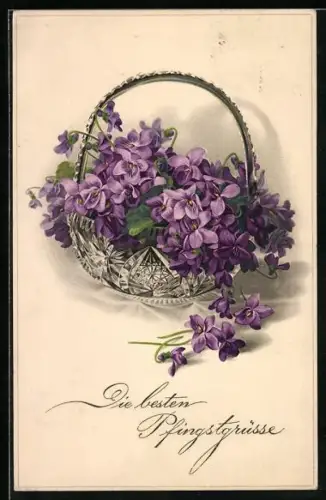 Künstler-AK Meissner & Buch (M&B) Nr. 2266: Korb mit violetten Blumen, Pfingstgruss