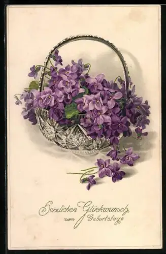 AK Veilchen in einem Korb, Glückwunsch zum Geburtstag