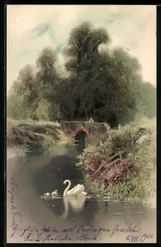 Künstler-AK Meissner & Buch (M&B) Nr.1189: Am Weiher, eine Schwanenfamilie auf dem See, Angler
