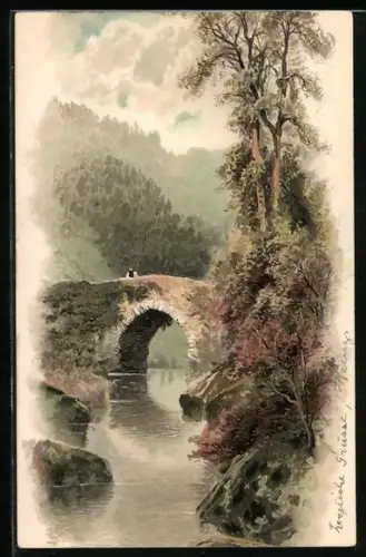 Künstler-AK Meissner & Buch (M&B) Serie 1230: Von Wald und Wiese, Angler auf einer Brücke