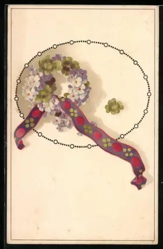 Künstler-AK Meissner & Buch (M&B) Nr. 2023: Blumenkranz mit gemusterter Banderole, Glücksklee