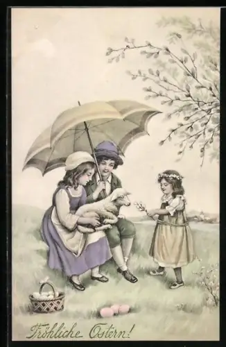 Künstler-AK V.K., Vienne Nr. 4056: Kinder mit Lamm und Ostereiern, Ostergruss