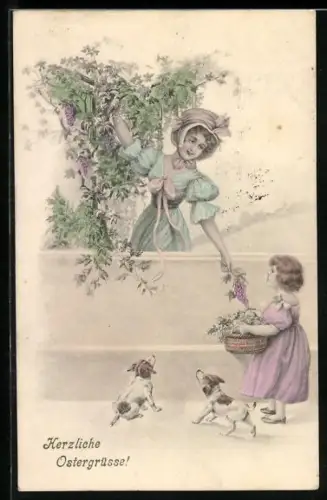 Künstler-AK V.K., Vienne Nr. 4209: Mutter und Kind mit Flieder, Welpen, Ostergruss