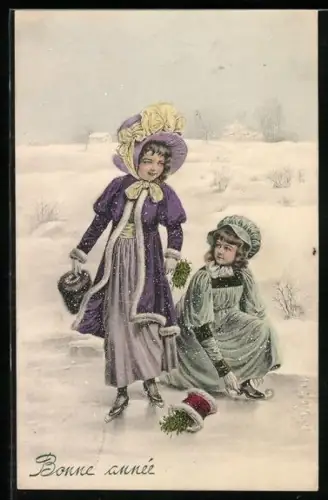 Künstler-AK V.K., Vienne Nr. 5054: Zwei kleine Mädchen im Schnee, Neujahrsgruss
