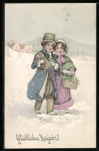 Künstler-AK V.K., Vienne Nr. 5356: Kleines Paar im Schnee, Neujahrsgruss
