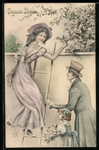 Künstler-AK V.K., Vienne Nr. 4057: Paar und Kind beim Pflücken blühender Zweige, Ostergruss