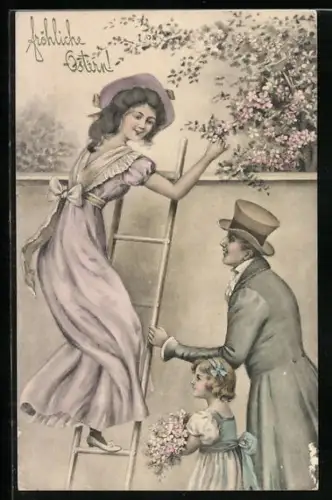 Künstler-AK V.K., Vienne Nr. 4057: Paar und Kind beim Pflücken blühender Zweige, Mauer, Leiter, Ostergruss