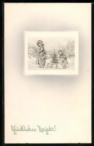Künstler-AK V.K., Vienne Nr. 5117: Kinder mit Schlitten und Tannenbäumchen, Neujahrsgruss