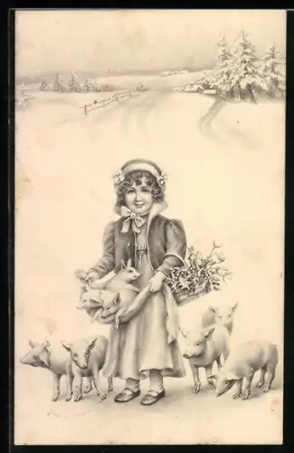 Künstler-AK V.K., Vienne Nr. 5056: Mädchen mit Ferkeln im Schnee
