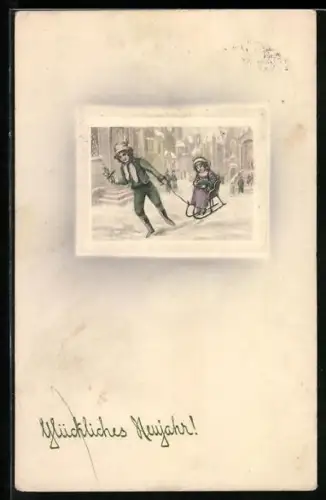 Künstler-AK V.K., Vienne Nr. 5117: Kinder mit Schlitten auf einer Strasse, Neujahrsgruss