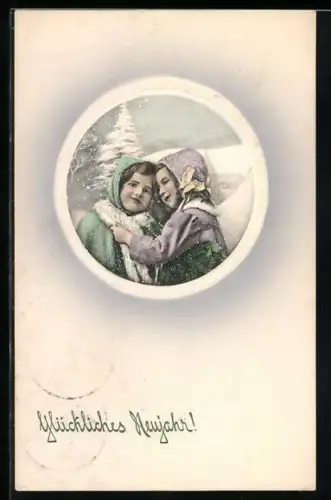Künstler-AK V.K., Vienne Nr. 5218: Zwei kleine Mädchen im Schnee, Neujahrsgruss