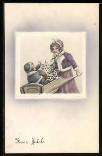 Künstler-AK V.K., Vienne Nr. 5118: Zwei Kinder mit Schubkarre, Mistel und Tannenbäumchen, Weihnachtsgruss
