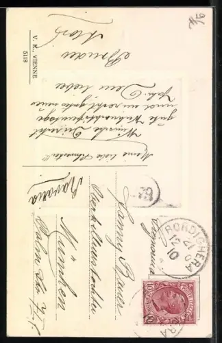 Künstler-AK V.K., Vienne Nr. 5118: Zwei Kinder mit Schubkarre, Mistel und Tannenbäumchen, Weihnachtsgruss