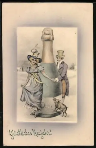 Künstler-AK V.K., Vienne Nr. 5070: Paar mit übergrosser Sektflasche, Neujahrsgruss
