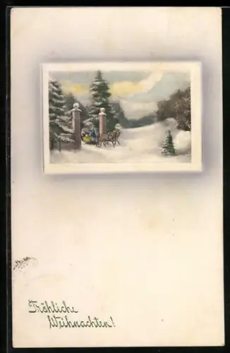 Künstler-AK V.K., Vienne Nr. 5115: Pferdeschlitten passiert ein Tor, Weihnachtsgruss