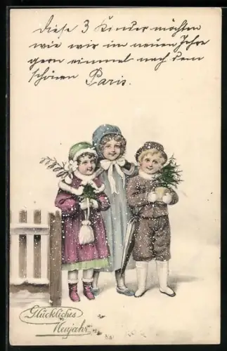 Künstler-AK V.K., Vienne Nr. 5210: Kleine Besucher mit Topf-Tannenbäumchen, Neujahrsgruss