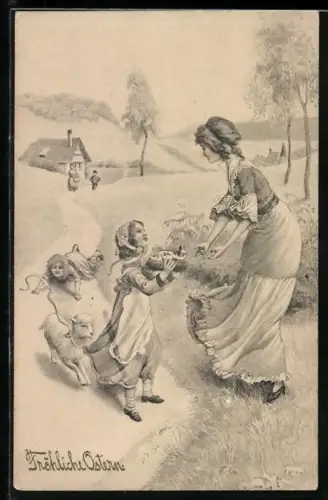 Künstler-AK V.K., Vienne Nr.4159: Mädchen bringt der Mutter ein Nest mit Eiern, zweites Mädchen jagt ein Lamm