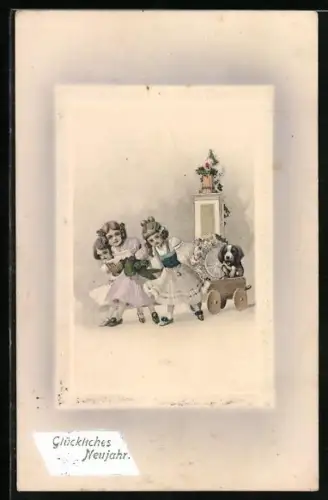 Künstler-AK V.K., Vienne Nr. 5067: Kleine Mädchen mit Hund im Bollerwagen, Neujahrsgruss