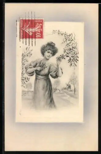 Künstler-AK V.K., Vienne Nr. 4038: Junge Dame pflückt Mistelzweige