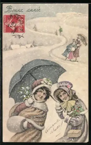 Künstler-AK V.K., Vienne Nr. 5058: Mädchen mit Schirmen bei Schneefall, Neujahrsgruss