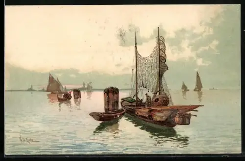 Künstler-AK Stengel & Co. Nr. 19897: Fischerboote auf einem Gewässer