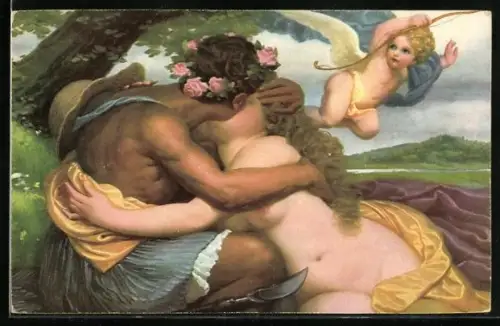 Künstler-AK Stengel & Co. Nr.29119: Liebesrausch, Mann und Frau küssend, Engel