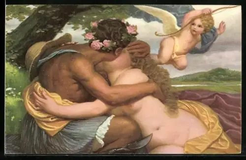 Künstler-AK Stengel & Co. Nr.29119: Liebesrausch, Mann und Frau küssend, Engel