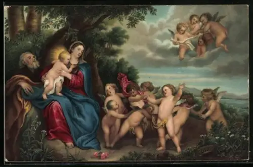 Künstler-AK Stengel & Co. Nr. 29338: Il Riposo en Egitto, Maria mit dem Jesuskind, Engel