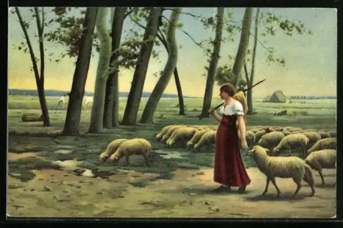 Künstler-AK Stengel & Co. Nr. 29967: Schäferin führt ihre Herde auf die Weide