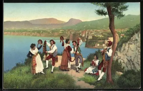 Künstler-AK Stengel & Co. Nr. 20416: Trachtengruppe beim Tanz an einem See im Süden