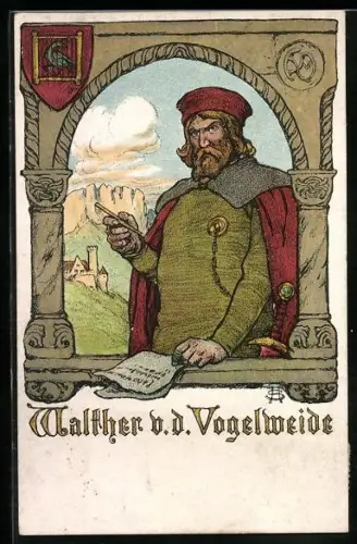 AK Walther von der Vogelweide beim Verfassen eines Briefs