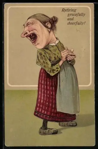 Lithographie frauenfeindlicher Humor, alte Frau mit drei Zähnen im Mund, Retiring gracefully and cheerfully